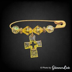 Yellow Beaded Safety Pin Brooch with Cross Charm